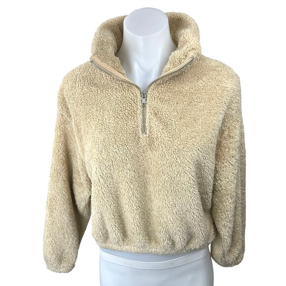 H&M Women's Beige Tan Half Zip Sherpa Fleece Pullover Crop Teddy Sweater Top XS - Picture 1 of 5